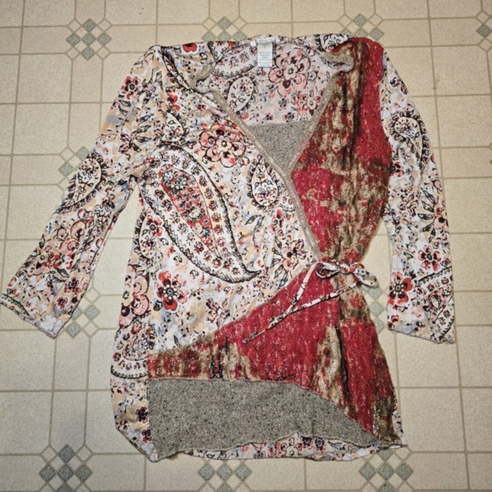 Y2K Fairy Elysee‎ 26 Paris New York Milano Womens Paisley Blouse Large Beaded